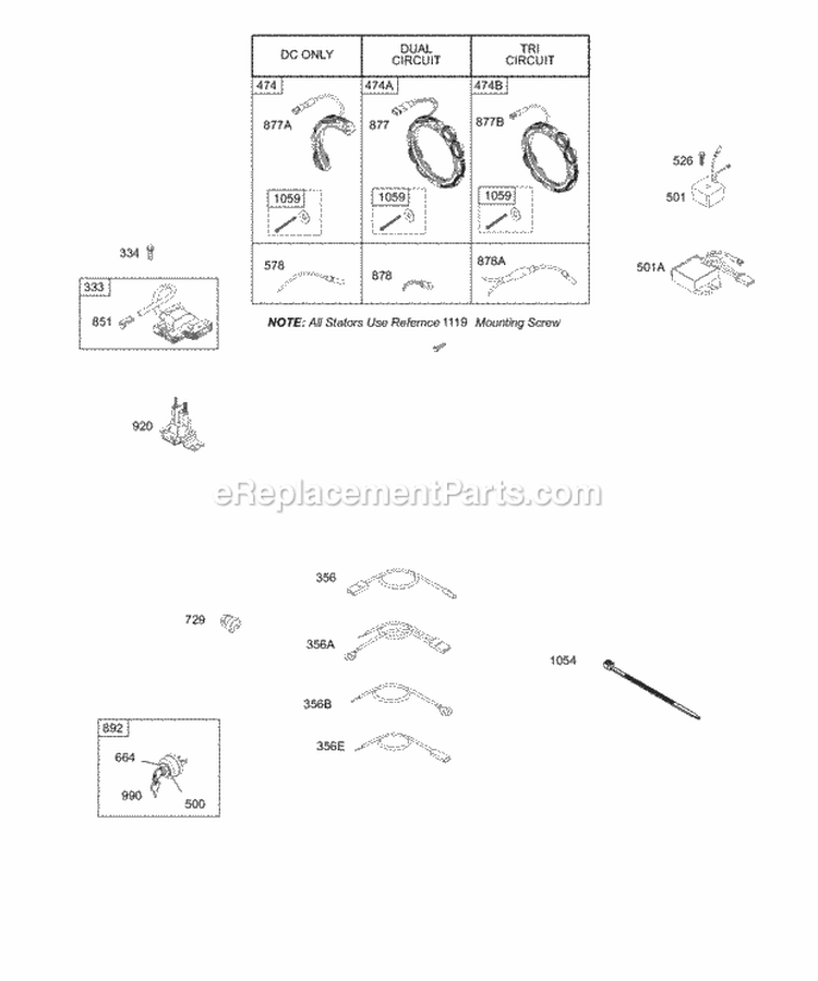 Alternator Wires Regulator Diagram and Parts List for 28B702-0124-01  Briggs and Stratton Engine